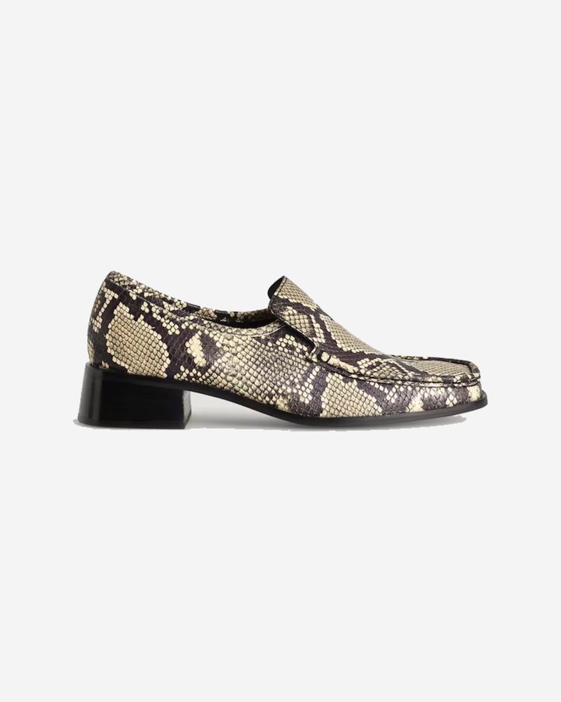 COS Square Toe Leather Heeled Loafers Beige Snakeskin Effect